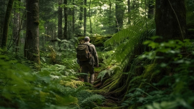 Mann wandert auf grünem Dschungelwald, aktiver Lebensstil, studiert die Natur und generative KI