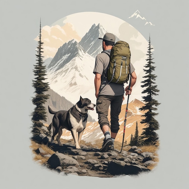 Mann wandert mit Hund einen Weg durch den Berg T-Shirt Design Wandert-T-Shirt.