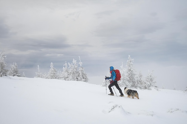 Mann wandert mit Hund im wunderschönen Winterberg