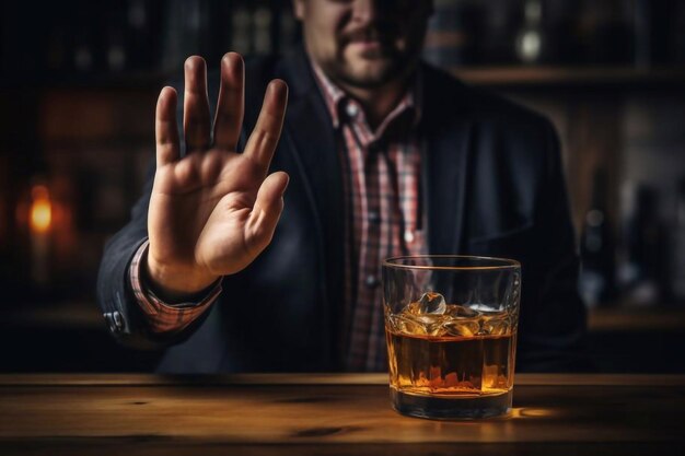 Mann weigert sich, nein zu sagen und zu vermeiden, einen Alkohol Whiskey zu trinken Halt Handzeichen männlicher Alkoholismus Behandlung