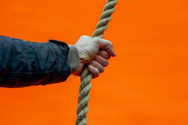 Foto mann zieht seil auf orangefarbenem hintergrund