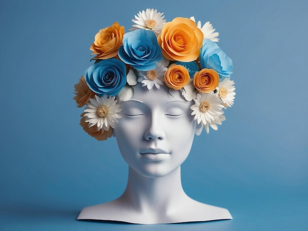 Mannequin-Kopf mit isolierten Blumen auf blauem Hintergrund Emotionales Gleichgewicht Konzept Stressmanagement