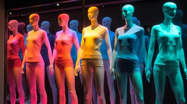 Foto mannequins in einem schaufenster eines modegeschäfts mit neonlichterzeugender ki