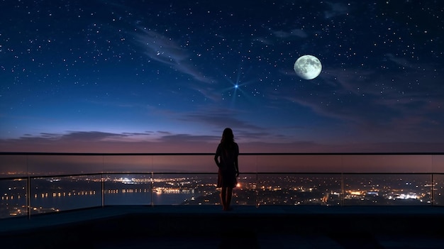 Mannfraukinder stehen auf der Dachterrasse und beobachten den Sternenhimmel, den Mond und das verschwommene Licht der Stadt