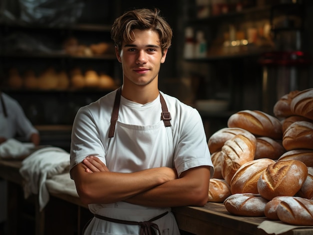 Mannlicher Bäcker in Uniform in seiner Bäckerei mit frischem Brot