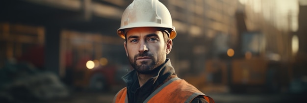 Mannlicher Bauarbeiter mit Helm auf der Baustelle