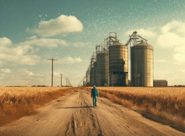 Mannlicher Bauer geht entlang von Silos auf einem sonnigen Feld, das mit generativer KI-Technologie erstellt wurde