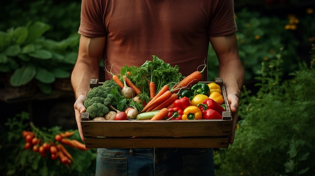 Mannlicher Bauer in Uniform hält frisches grünes, organisches Gemüse in den Händen und steht in der Nähe einer Holzkiste mit Gemüse