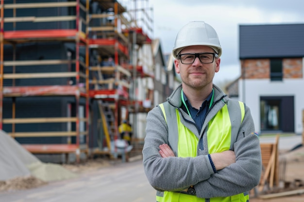 Mannlicher Bauingenieur in Sicherheitsbekleidung auf der Baustelle