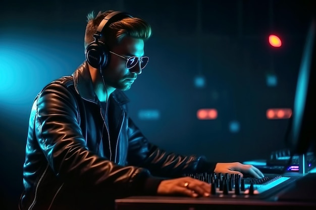 Mannlicher DJ mischt Musik auf einem Mischbrett auf einer Nachtclub-Party Generative KI-Illustration