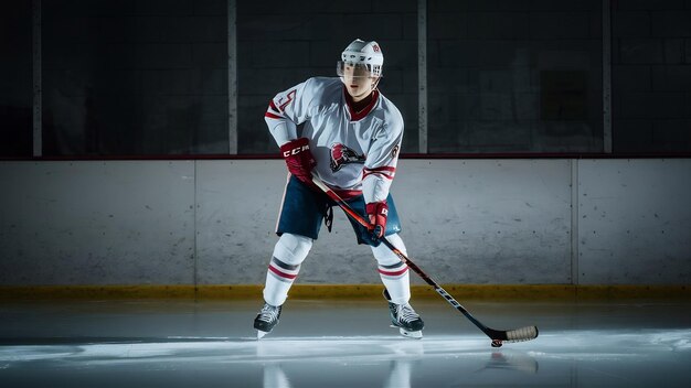 Foto mannlicher eishockeyspieler mit dem stock auf dem eisbett und dunkler wand