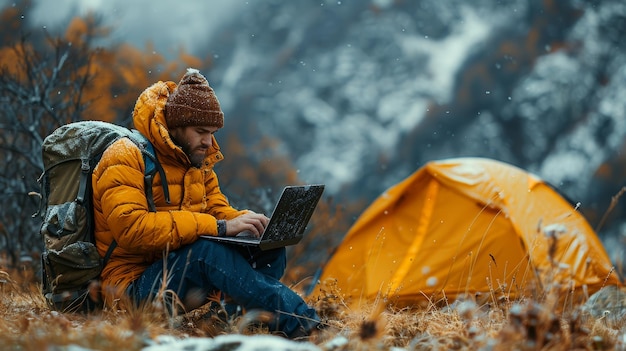 Mannlicher Fotograf arbeitet an einem Laptop in der Nähe eines gelben Zeltes in einer schneebedeckten Landschaft im Freien