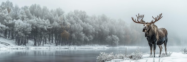 Mannlicher gehörnerter Elch auf dem Feld mit Schnee in der Nähe eines Flusses im Winter auf einem Waldhintergrund