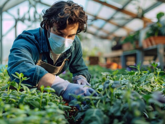 Foto mannlicher gewächshausarbeiter mit maske und handschuhen kümmert sich um junge pflanzen