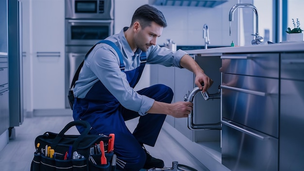 Mannlicher Klempner in Uniform, der einen Wasserhahn in der Küche repariert