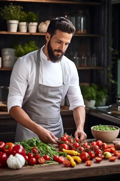 Mannlicher Koch in weißer Uniform schneidet Gemüse