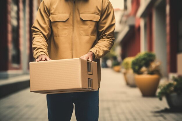 Mannlicher Kurier in blauer Uniform hält eine Lieferbox mit Nahrungsmitteln, die auf rosa posiert