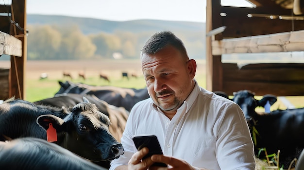 Mannlicher Landwirt verwaltet Prozesse mit einem Tablet-PC Moderne landwirtschaftliche Techniken im Einsatz