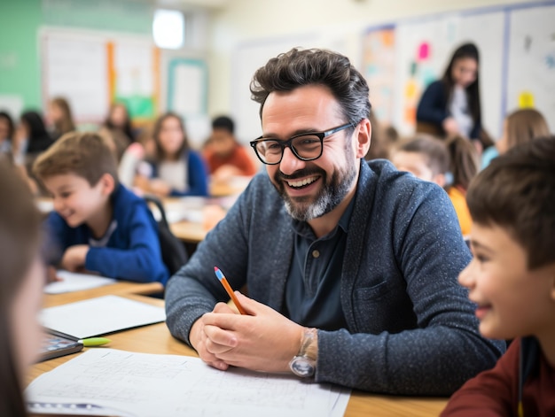 Foto mannlicher mathematiklehrer führt den unterricht im klassenzimmer durch