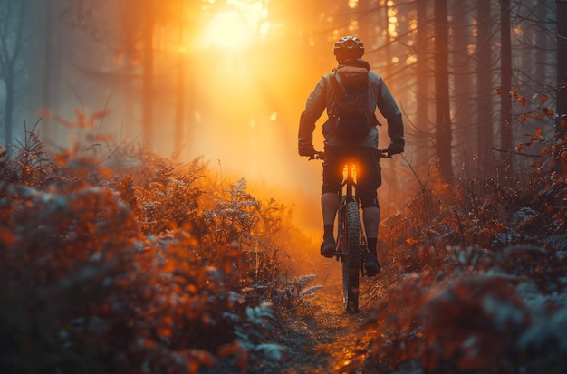 Mannlicher Mountainbiker fährt mit dem Fahrrad im Wald bei strahlender Sonne bei Sonnenuntergang