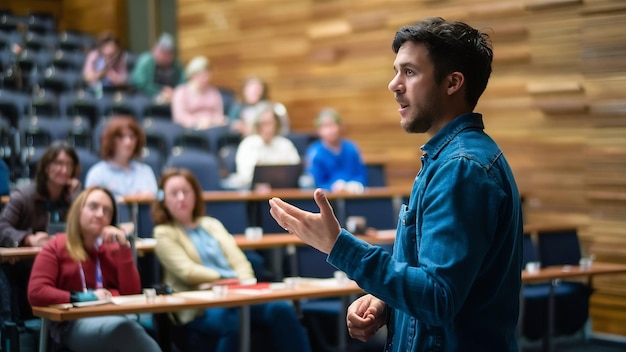 Mannlicher Redner, der in einer Halle in einer Universitätswerkstatt oder im Konferenzsaal einen Vortrag hält