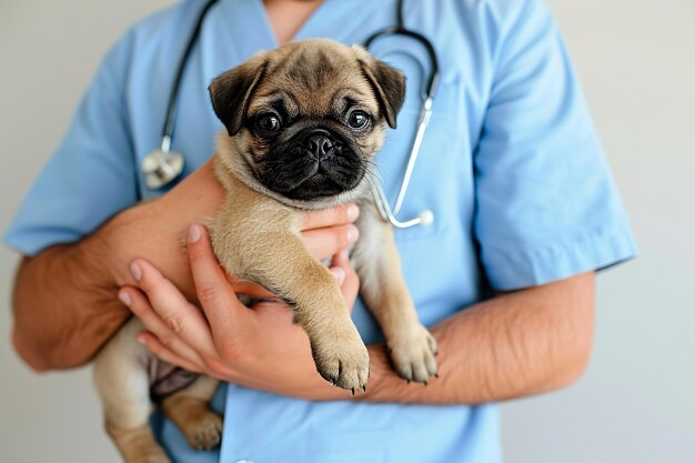 Mannlicher Tierarzt mit einem niedlichen Puppen Mops Veterinäruntersuchung von Hunden Abgeschnittenes Bild Professioneller fürsorglicher Arzt mit Stethoskop mit Puppen Gesundes Haustier Kontrollbesuch in einer modernen Tierklinik