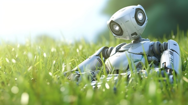 Foto mannlicher und weiblicher roboter stehen auf einer blumenwiese 3d-rendering