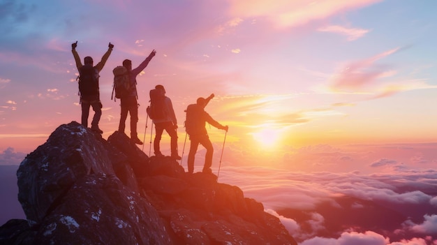 Mannlicher Wanderer feiert seinen Erfolg auf dem Gipfel eines Berges bei einem majestätischen Sonnenaufgang und Klettergruppe Freunde helfen bei der Wanderung Teamarbeit hilft Erfolg Gewinner und Führung