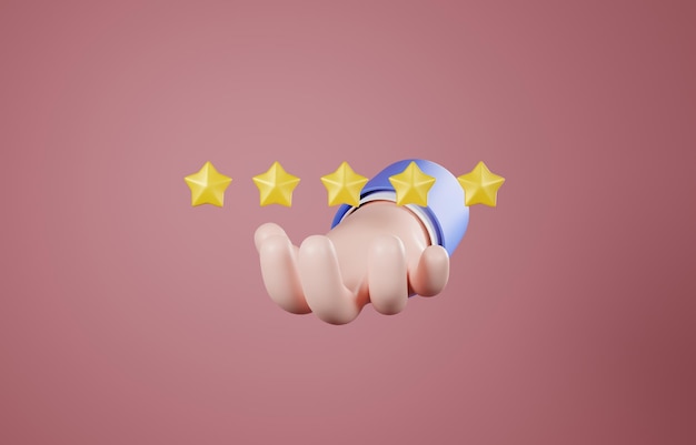 Foto mano 3d con 5 estrellas, comentarios de calificación del cliente, satisfacción con el concepto de producto o servicio