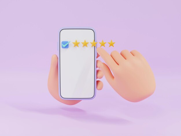 Foto mano 3d que sostiene el teléfono inteligente con estrella o símbolo de satisfacción concepto de retroalimentación en línea