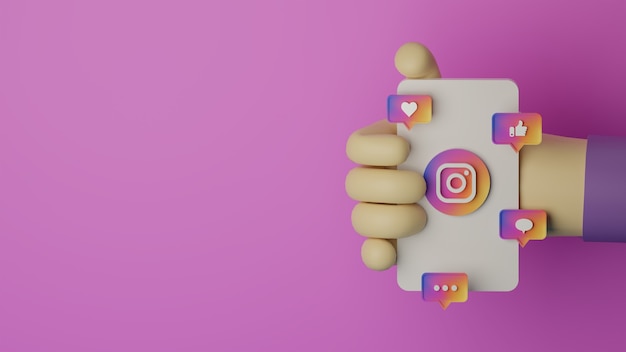 Mano 3D que sostiene el teléfono móvil con el logotipo de instagram representa el fondo para el concepto de marketing