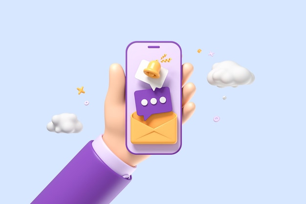 Foto mano 3d que sostiene el teléfono móvil con mensajes notificación de formulario en el teléfono inteligente cuestionario en línea representación 3d
