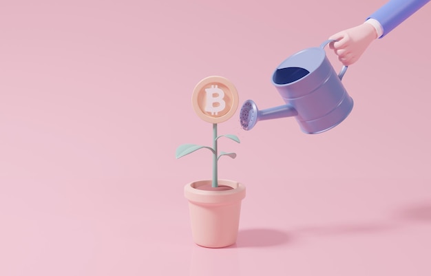 Mano 3D sosteniendo una lata de agua para regar el árbol de Bitcoin en una olla, concepto de inversión en criptomonedas.