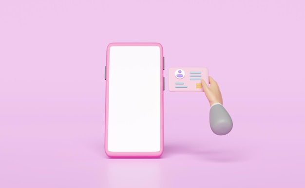 Mano 3D usando tarjeta de identificación con teléfono móvil teléfono inteligente aislado en fondo rosa tarjeta de persona de negocios solicitud de trabajo reclutamiento personal recursos humanos búsqueda de trabajo concepto de tarjeta de plástico renderización 3D