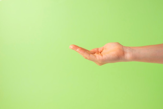 Mano abierta como si estuviera tomando algún objeto en fondo verde Copiar espacio