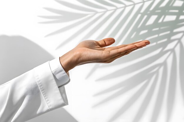 La mano abierta con la sombra de la hoja de palma