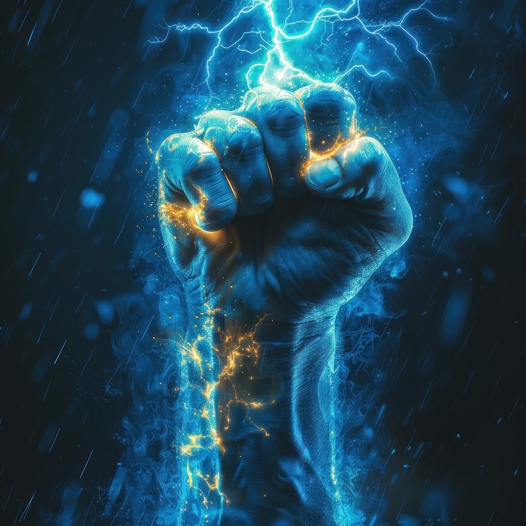 Foto la mano abstracta tiene el control de la energía eléctrica y tiene poderes sobrenaturales