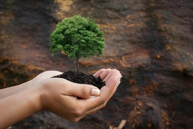 La mano acuna un pequeño árbol contra una superficie texturizada que simboliza la crianza y el crecimiento en un entorno natural