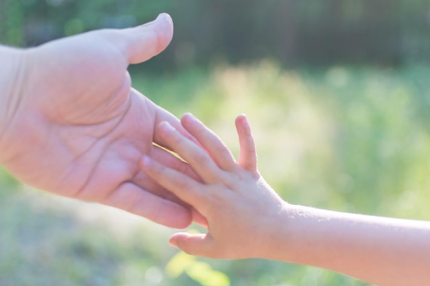 La mano de un adulto y un niño se estira el uno hacia el otro