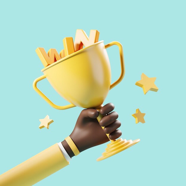 Foto mano africana de dibujos animados sosteniendo copa de oro el concepto de victorias y logros rendering 3d