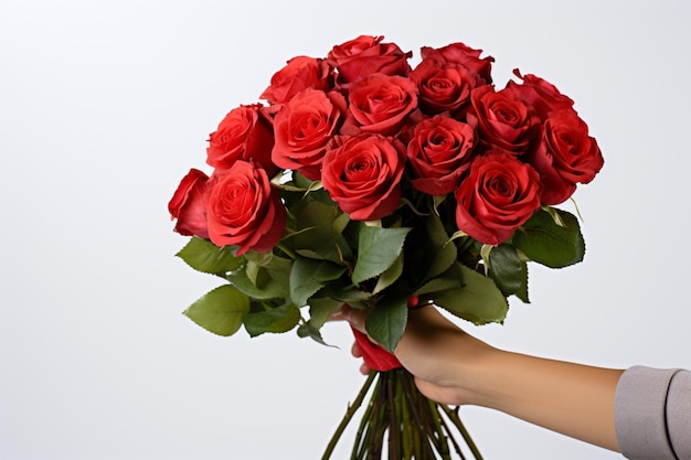 Una mano agarra un ramo de rosas rojas sobre un fondo blanco que simboliza el amor