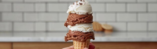 Una mano agarrando un cono de helado de chocolate y vainilla con tres cucharas contra un fondo plano