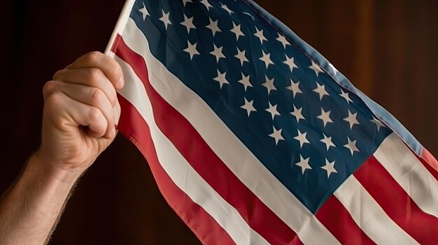 La mano agita la bandera de los Estados Unidos de América