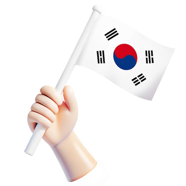 mano agitando la bandera de Corea del Sur ilustrador país apoyo 3D ilustraciones de estilo de dibujos animados