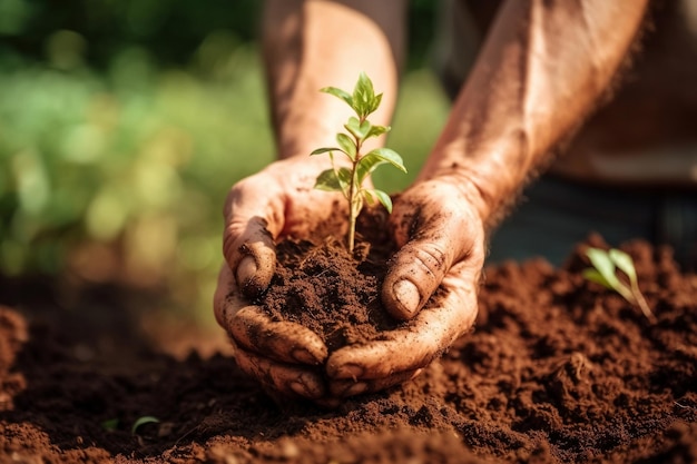 Foto la mano del agricultor inspeccionando la salud del suelo en una granja orgánica con ia