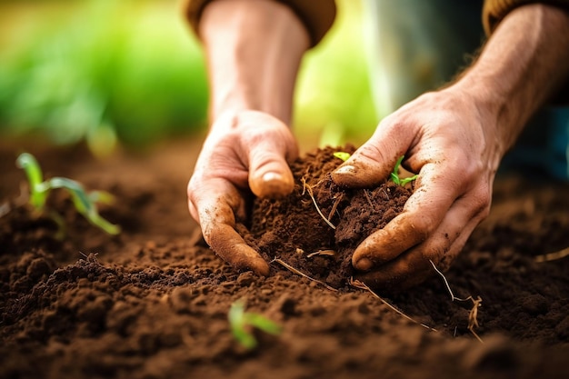 La mano del agricultor inspeccionando la salud del suelo en una granja orgánica con IA