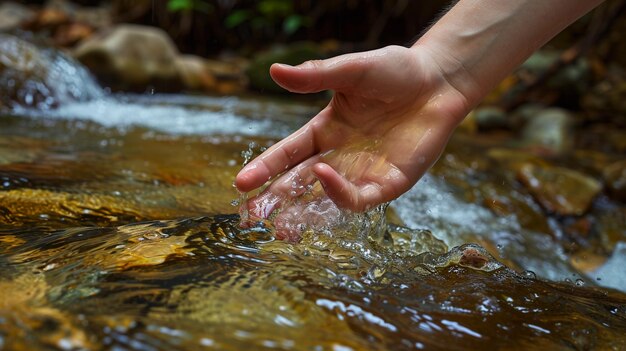 La mano en el agua del arroyo