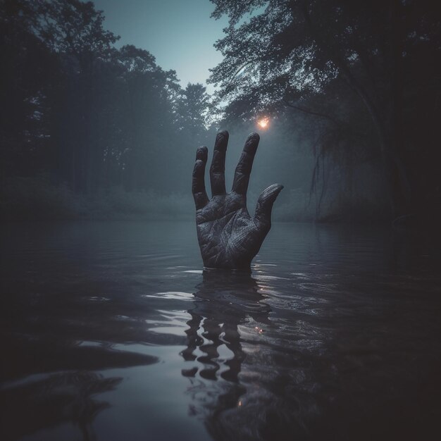 una mano en el agua con una luz encendida