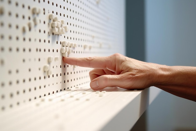 La mano alcanza el letrero Braille en la accesibilidad de las instalaciones médicas enfatizado minimalismphotography