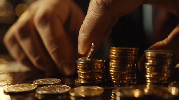 una mano alcanza una moneda que está en una mesa con muchas monedas